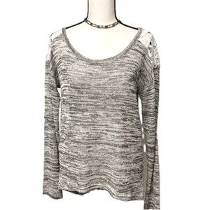 NWOT Poof grey heather with ecru open lace back sweater. Size Medium